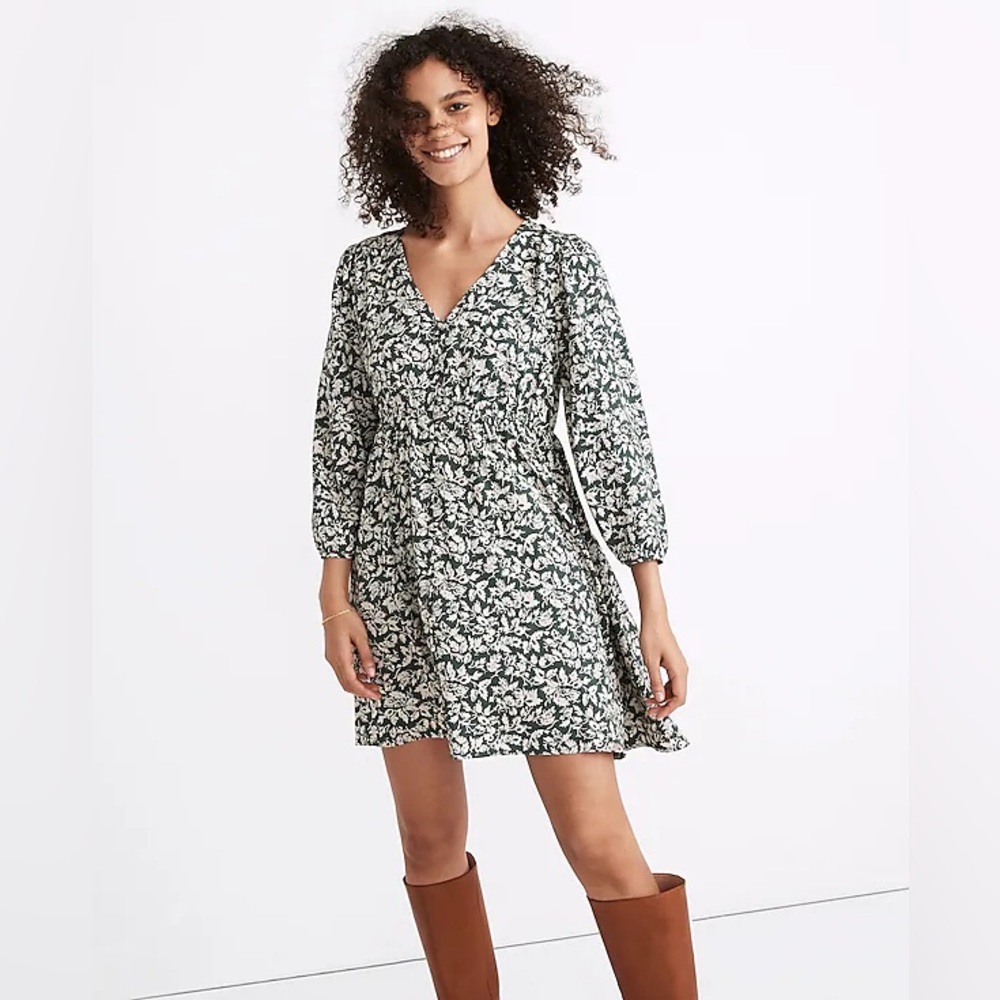 Madewell V-Neck Button-Front Mini Dress in Forest Leaves